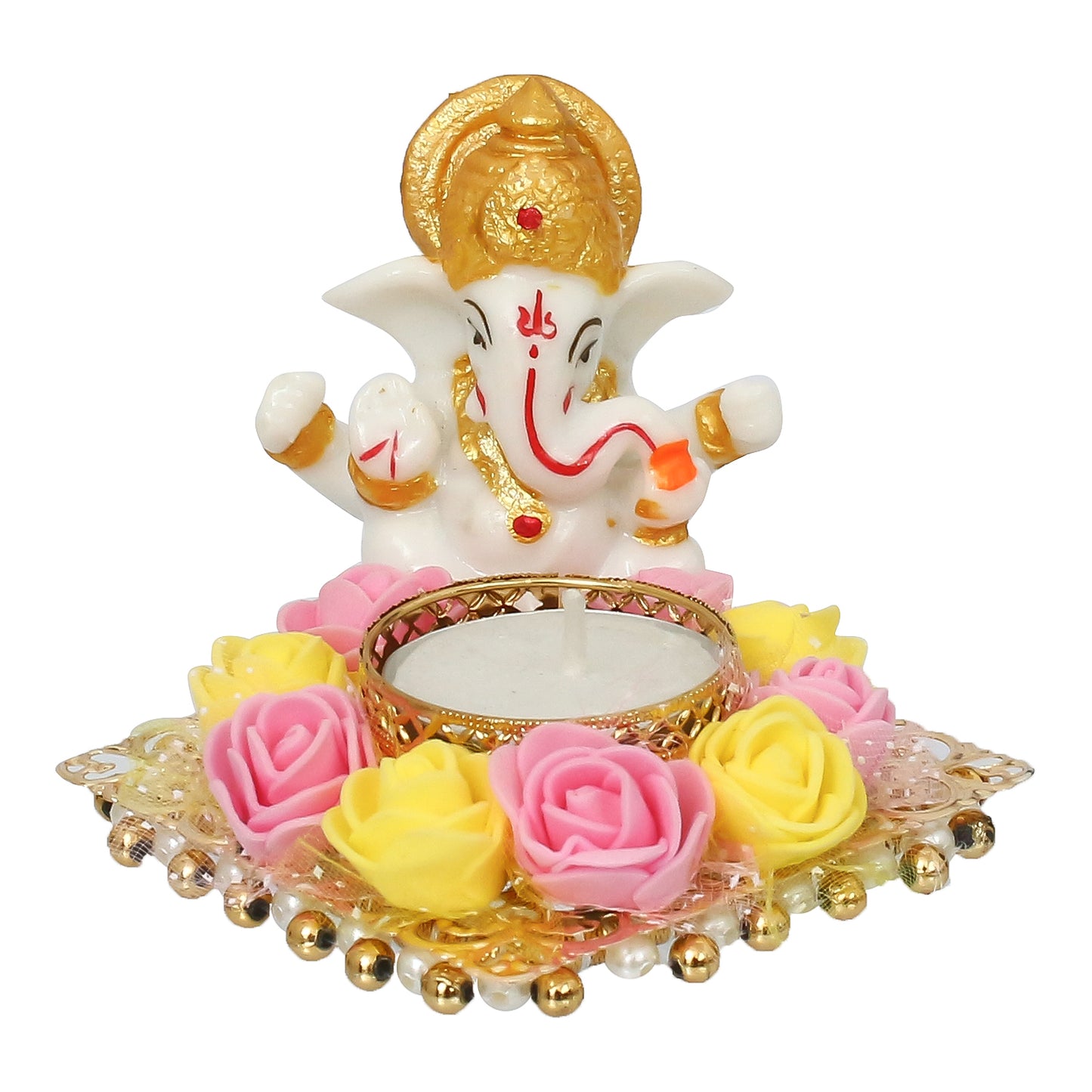 eCraftIndia Lord Ganesha Idol on Decorative Plate with Tea Light Holder