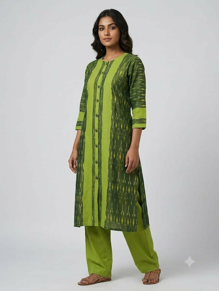 Pista Green Mercerized Cotton Ikkat Kurta
