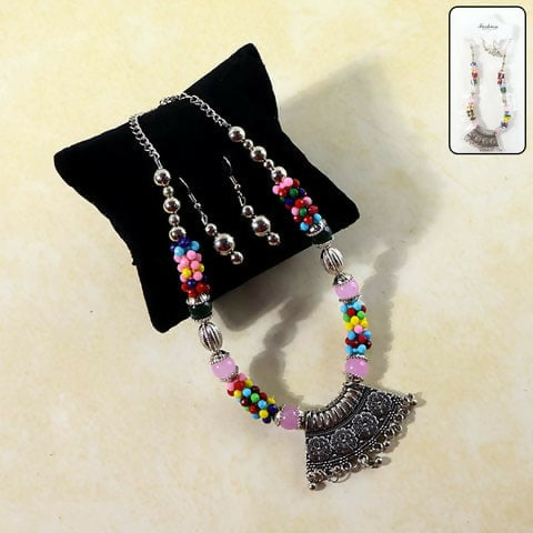 Premium Multicolor Beaded Oxidised Necklace (1 Pc Set)