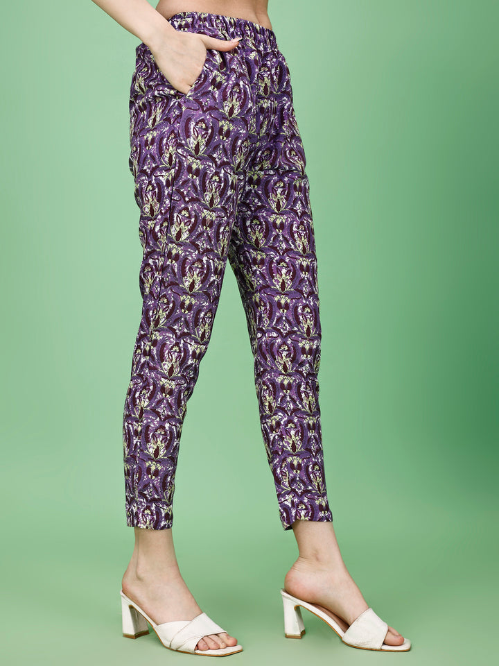 Purple Printed V-Neck Top With Trouser Co-Ords