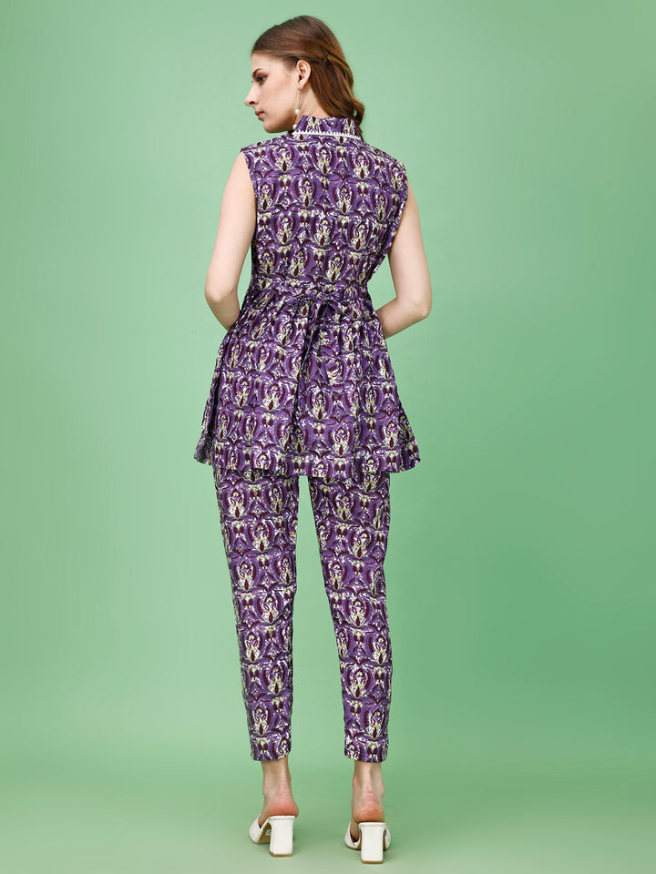 Purple Printed V-Neck Top With Trouser Co-Ords