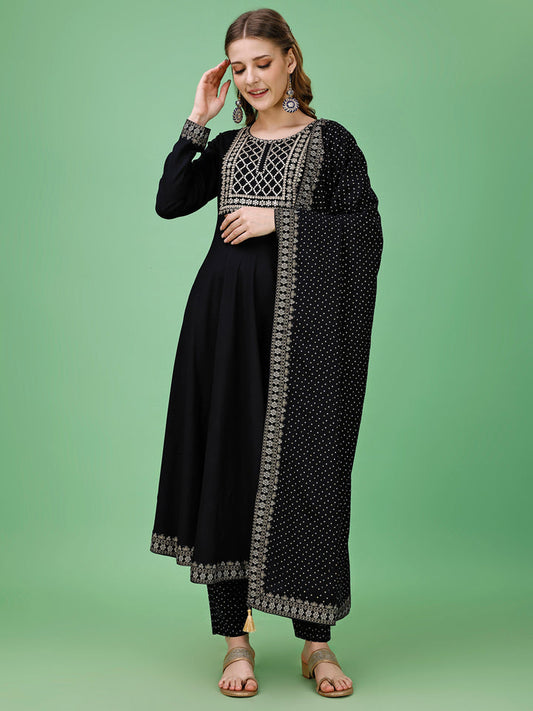 Elegant Rayon Navy Blue Kurti Palazzo Set with Intricate Details | Stylish Dupatta Included