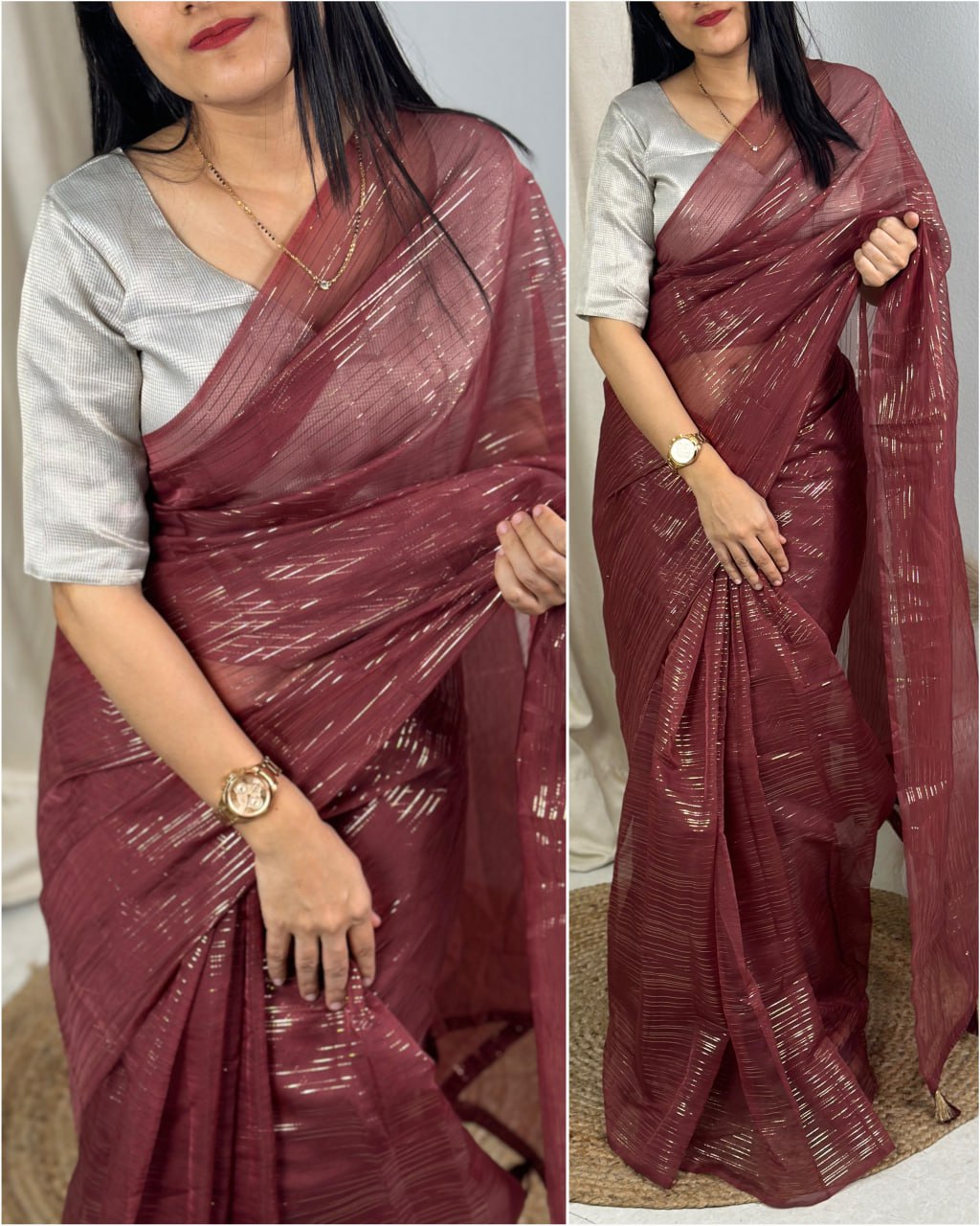 Gloria Glass Organza Saree with Zari Lining & Dual Shade Blouse