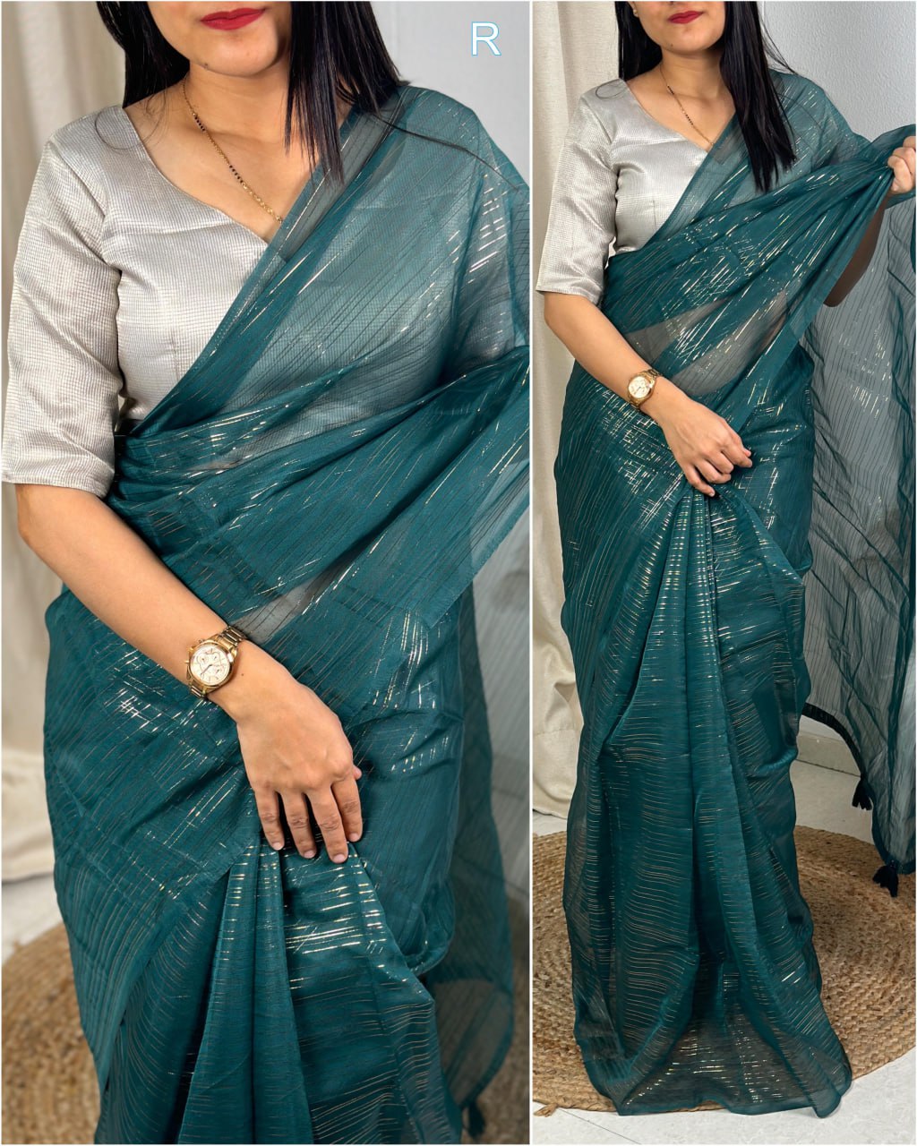 Gloria Glass Organza Saree with Zari Lining & Dual Shade Blouse