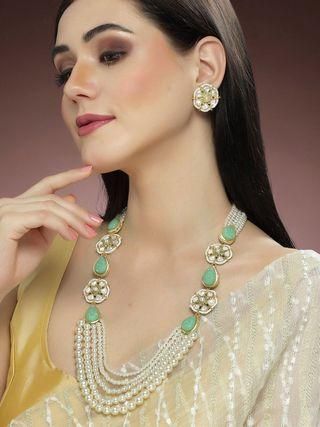 Karatcart Pearl Beaded Light Green Carved Stone Kundan Rani Haar Necklace Set for Women