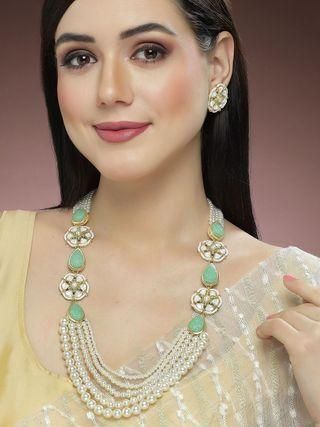 Karatcart Pearl Beaded Light Green Carved Stone Kundan Rani Haar Necklace Set for Women