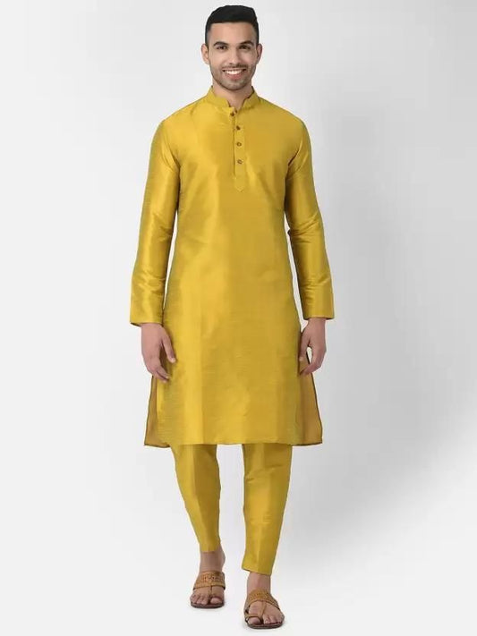 AHBABI Men's Solid Dupion Silk Kurta Pyjama Set Mustard