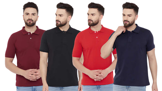 Cotton Blend Solid Half Sleeves Mens Polo Neck T-Shirt (Pack of 4)