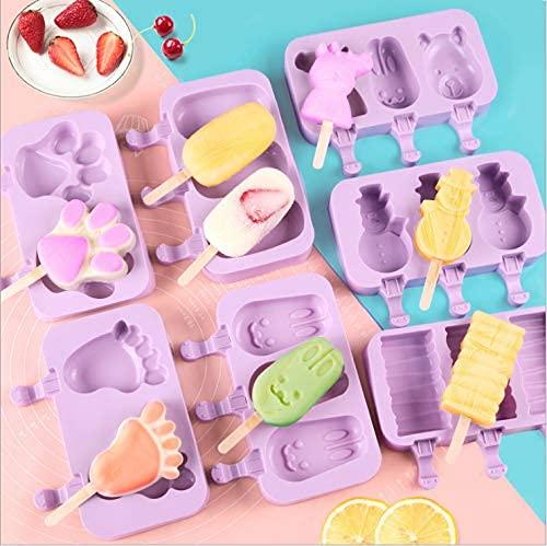 3 Cavities Silicone Ice Cream Popsicle Moulds - Reusable, Multicolor, Multidesign (Pack of 2)