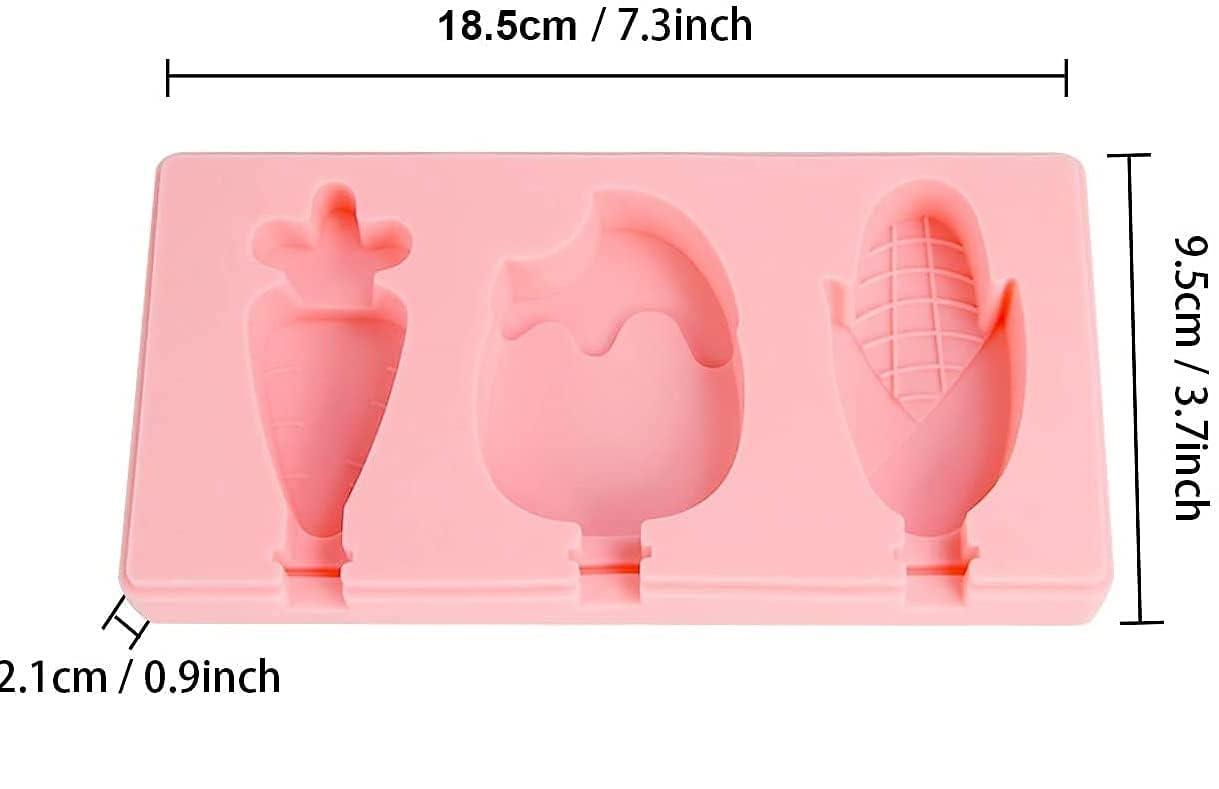 3 Cavities Silicone Ice Cream Popsicle Moulds - Reusable, Multicolor, Multidesign (Pack of 2)