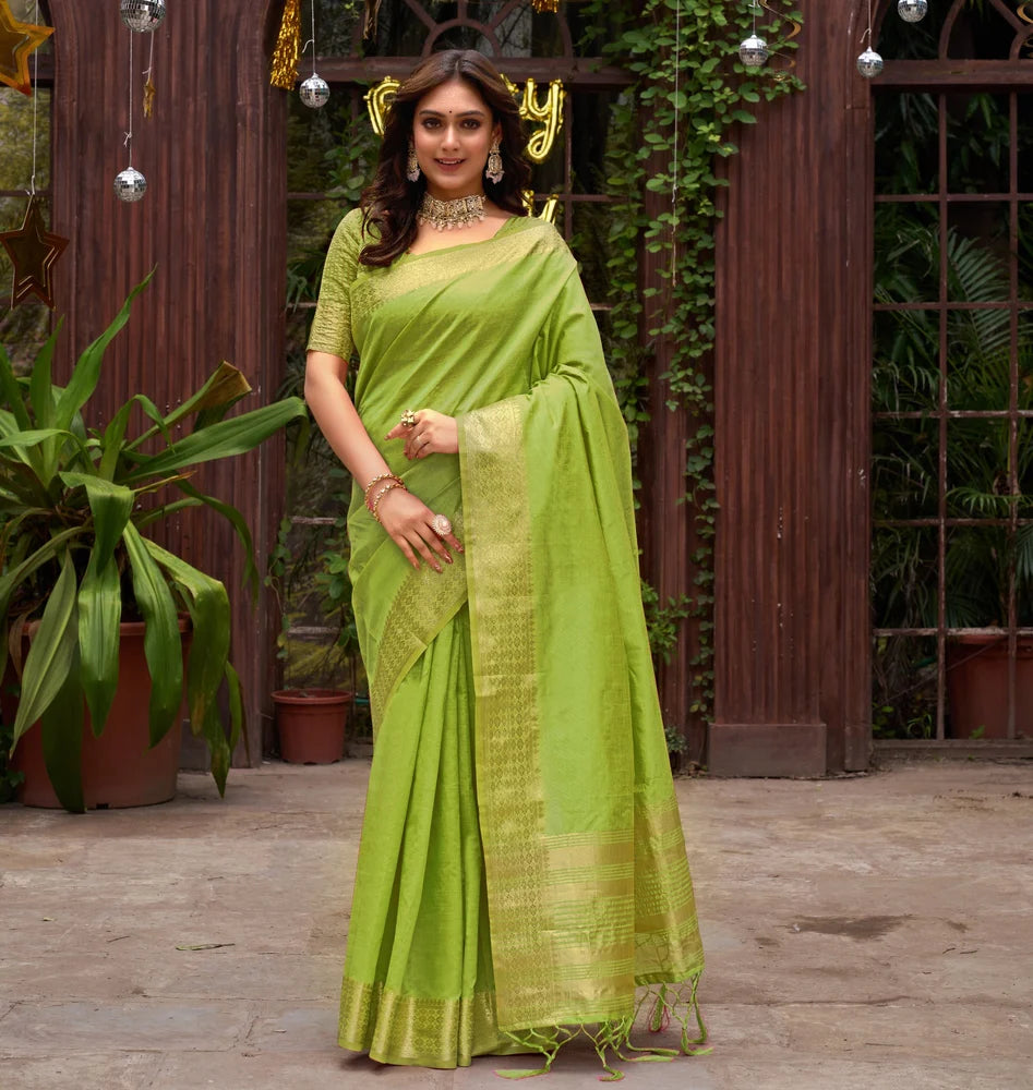 AASAM Mehndi Green Banarasi Silk Saree - Elegant 6.3m Length with Blouse Piece