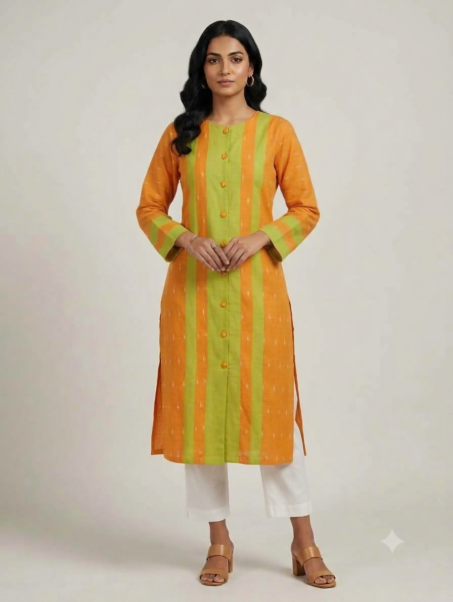 Bright Orange - Cotton Ikkat Kurta