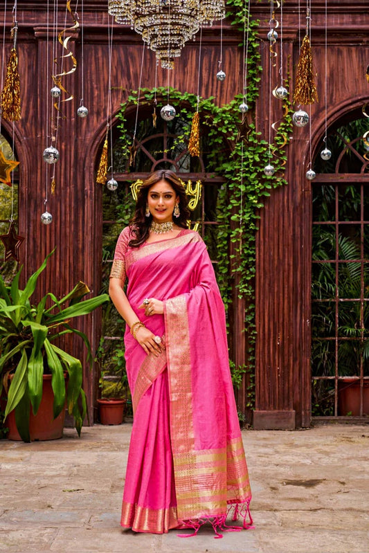 Elegant Assam Pink Kancheepuram Silk Saree - 6.3 M with Blouse Piece