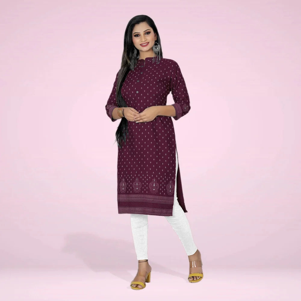 Elegant Maroon Block Printed Cotton A-Line Kurti