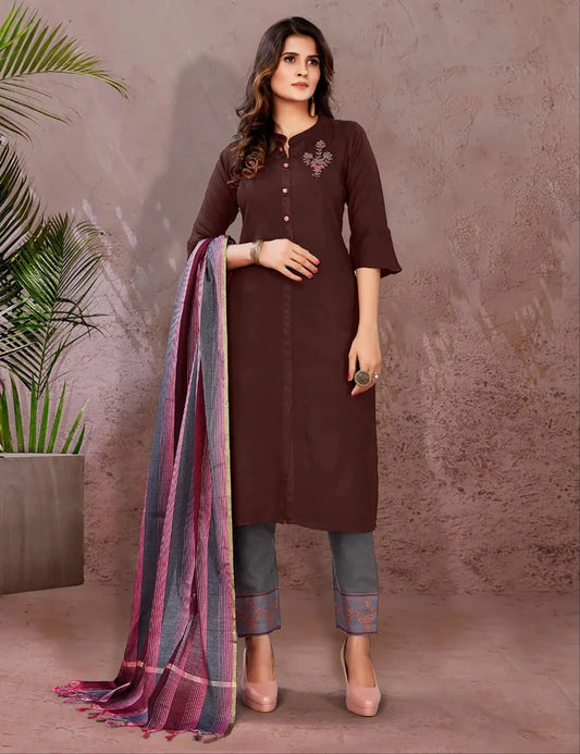 Elegant Dark Brown Rayon Embroidery Kurti - A-line Design with Churidar | Perfect for Any Occasion