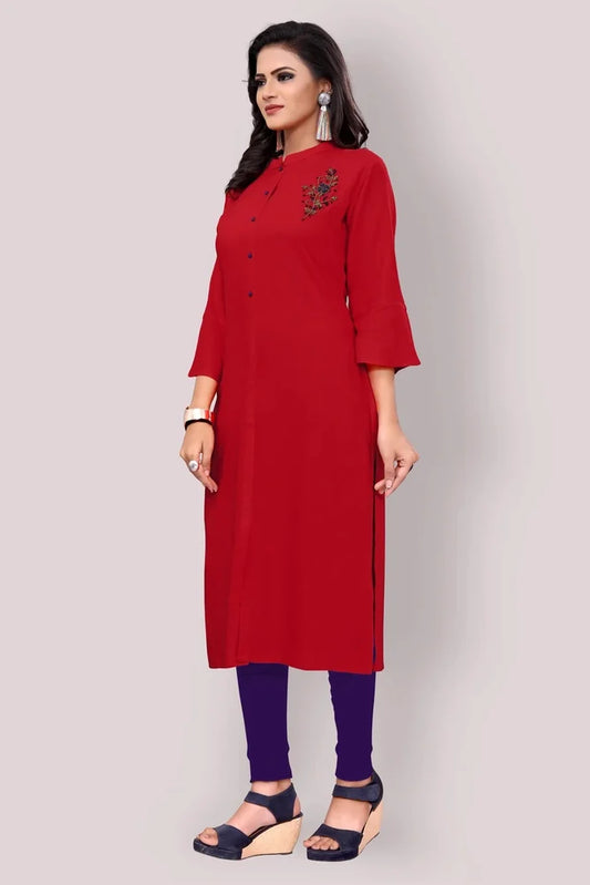 Elegant Red Rayon Kurti with Handwork - Perfect for Casual Wear