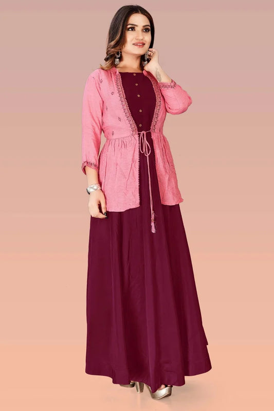 Elegant Maroon & Pink Silk Kurti with Shrug – Pure Silk