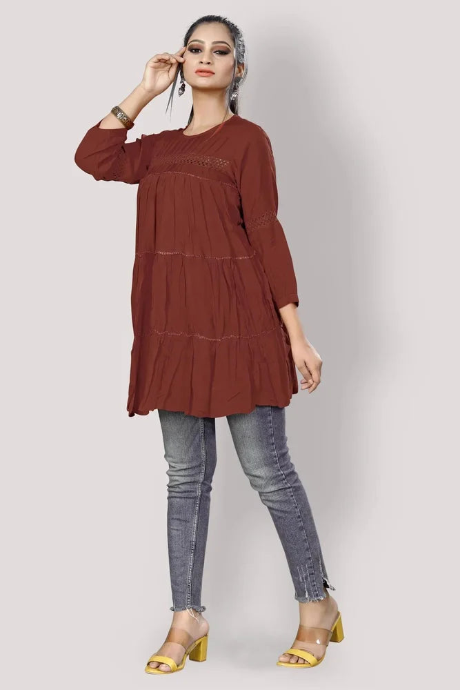 Elegant Maroon Tunic Top for Women | Pure Maslin Silk with Cotton Laces & Stylish 3/4 Sleeves