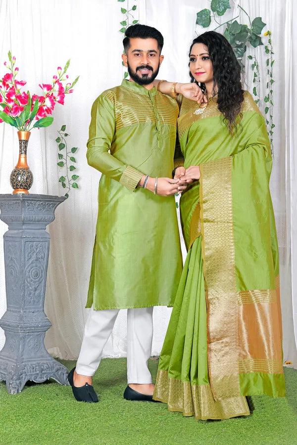 "Elegant Assam Silk Saree and Viscous Silk Kurta Combo in Lovely Green – Perfect for Festive Occasions