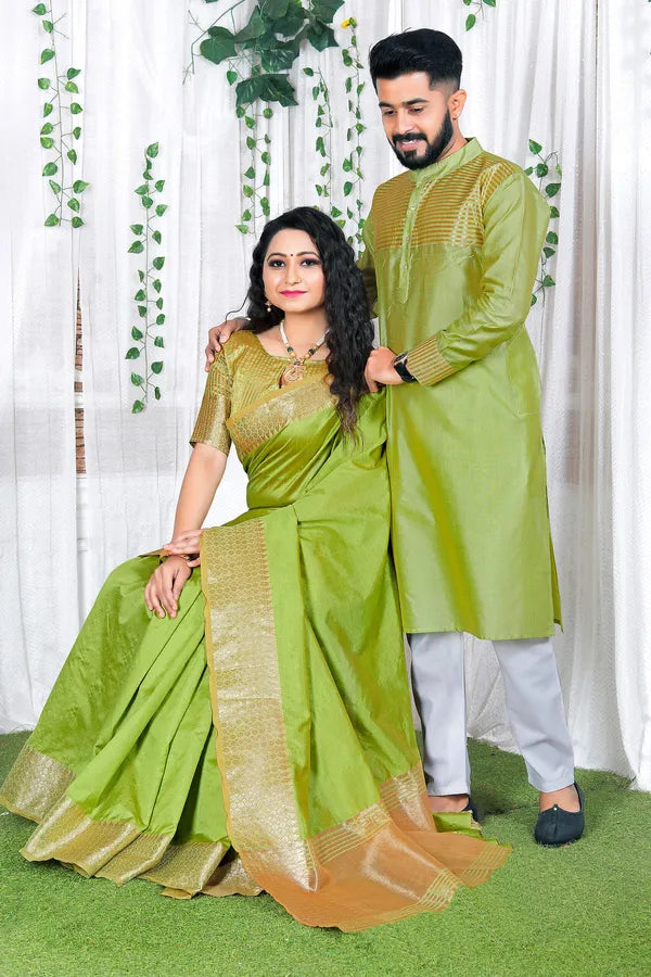 "Elegant Assam Silk Saree and Viscous Silk Kurta Combo in Lovely Green – Perfect for Festive Occasions