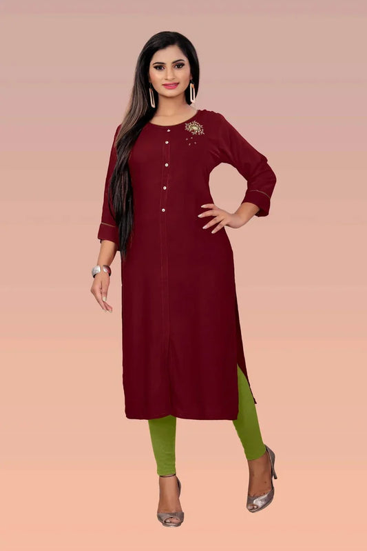 Maroon Rayon Handwork Kurti with 3/4 Sleeves - Casual Wear Elegance