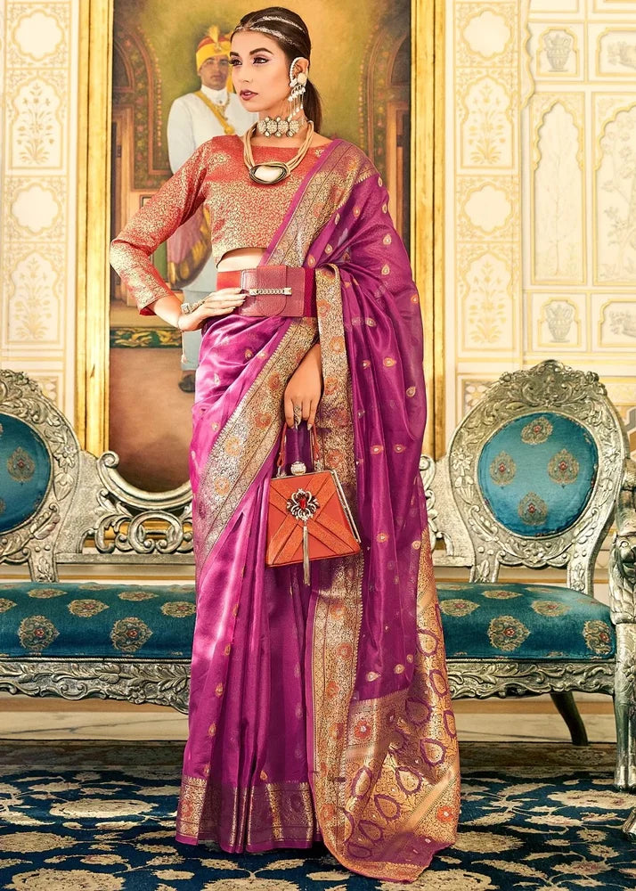 Elegant Pink Banarasi Silk Saree – Traditional 5.5m Length with Blouse Piece