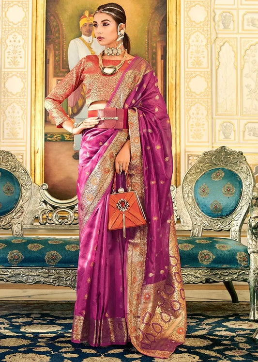 Elegant Pink Banarasi Silk Saree – Traditional 5.5m Length with Blouse Piece