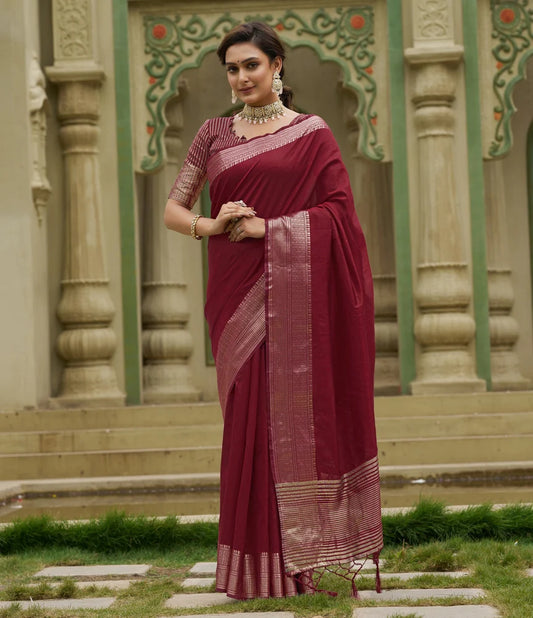 Exquisite Rose Maroon Banarasi Silk Saree with Blouse Piece – Perfect for Festive Occasions