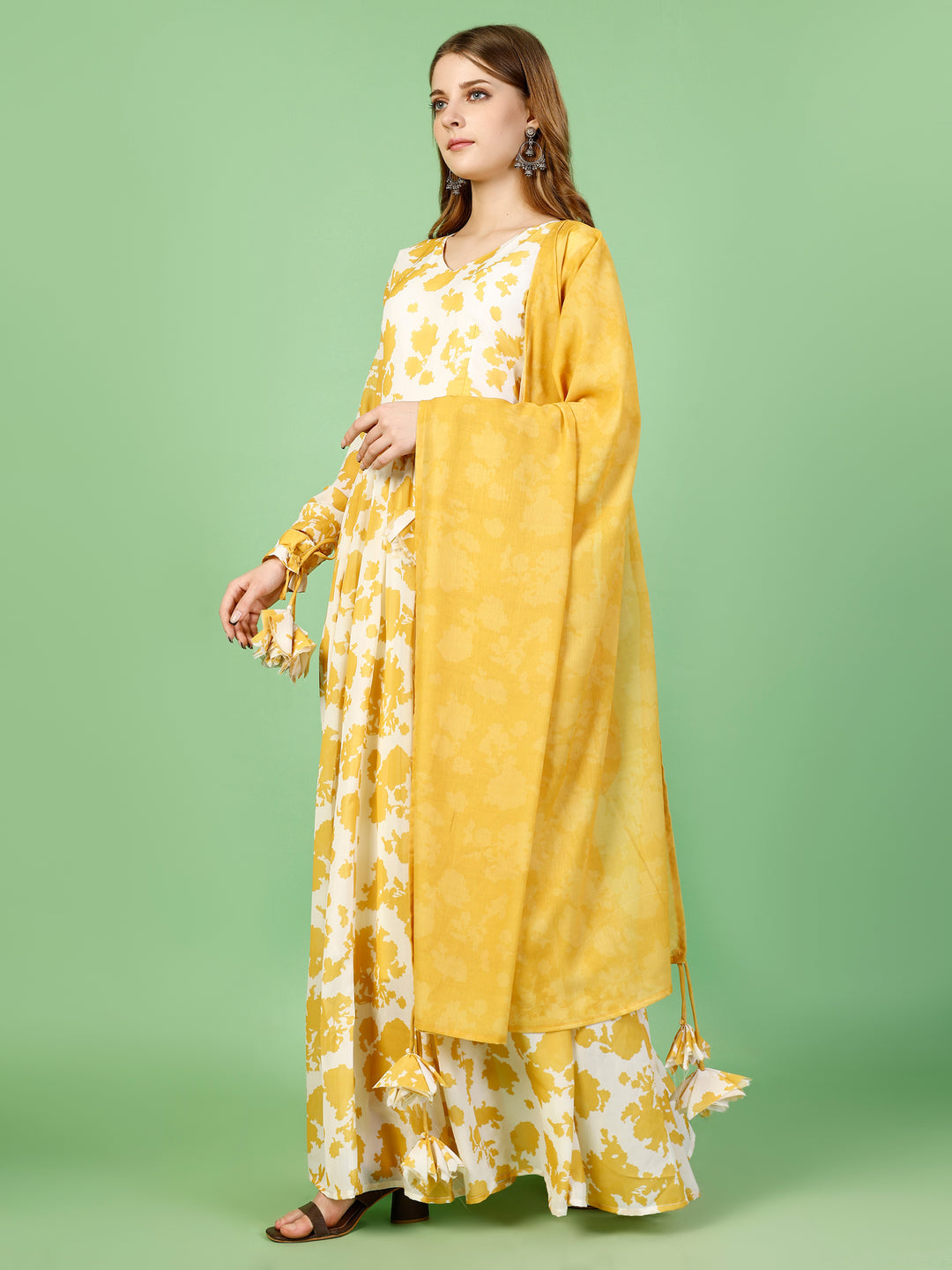 Chiffon Yellow Floral Mexi Dress with Dupatta