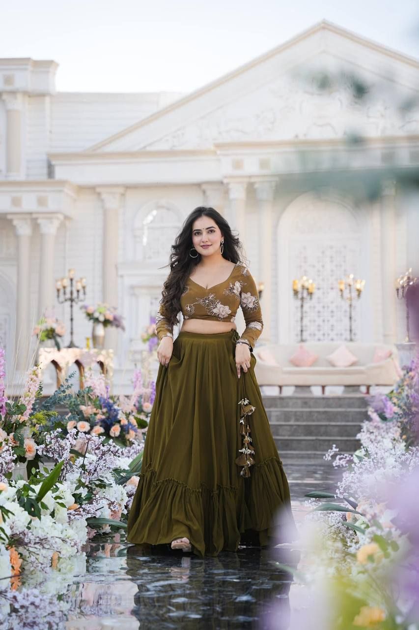 Radiant Olive Green Lehenga Set - Elegant Crop Top and Skirt for Wedding Functions