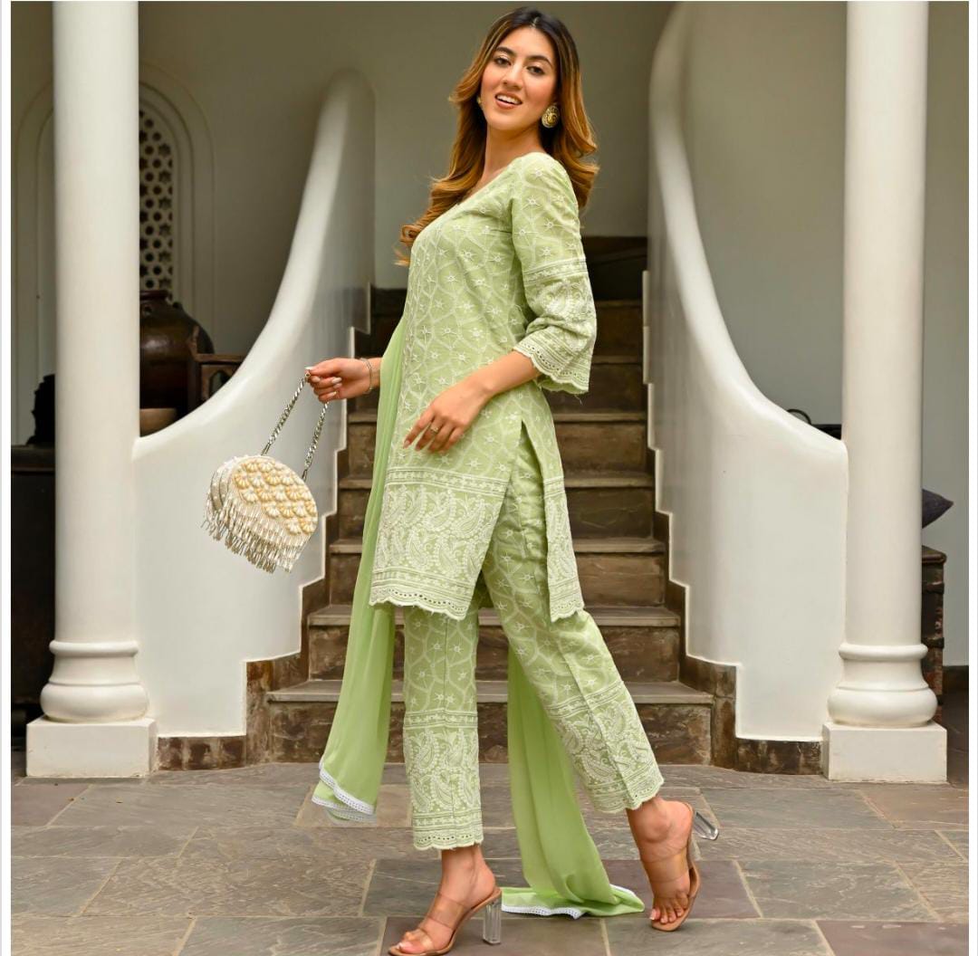 Elegant Green Chikankari Embroidered Kurta Set with Dupatta