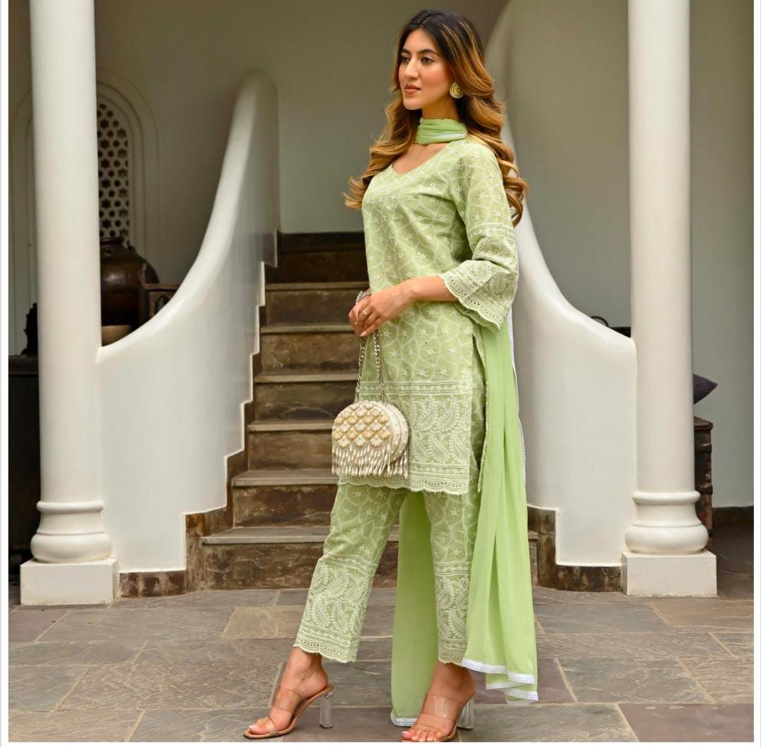 Elegant Green Chikankari Embroidered Kurta Set with Dupatta