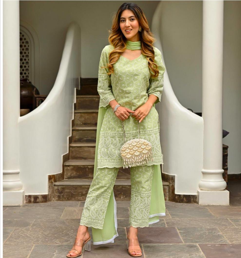 Elegant Green Chikankari Embroidered Kurta Set with Dupatta