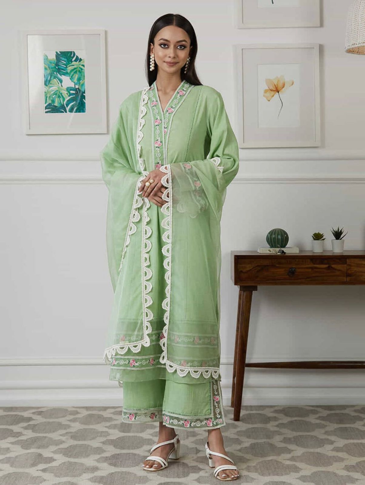 Embroidered Pure Maska Cotton Silk Top, Pants & Organza Silk Dupatta