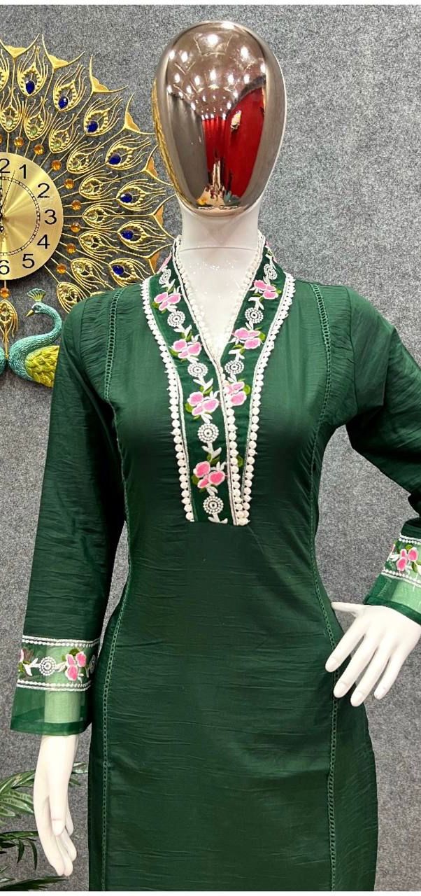 Embroidered Pure Maska Cotton Silk Top, Pants & Organza Silk Dupatta