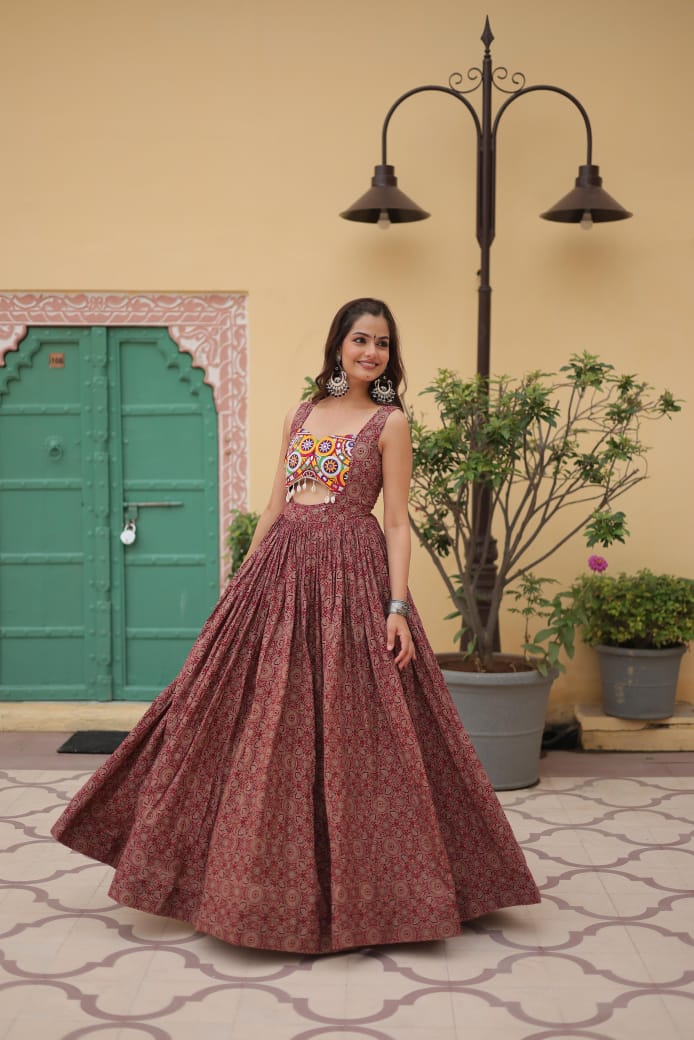 Designer Printed Cotton Gown with Kutchi Gamthi Lace & Kodi Work - Navratri Collection