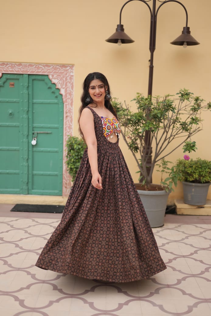 Designer Printed Cotton Gown with Kutchi Gamthi Lace & Kodi Work - Navratri Collection