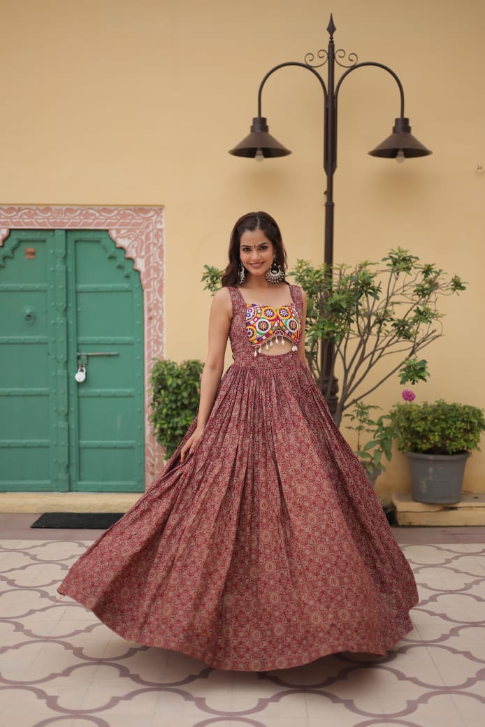 Designer Printed Cotton Gown with Kutchi Gamthi Lace & Kodi Work - Navratri Collection