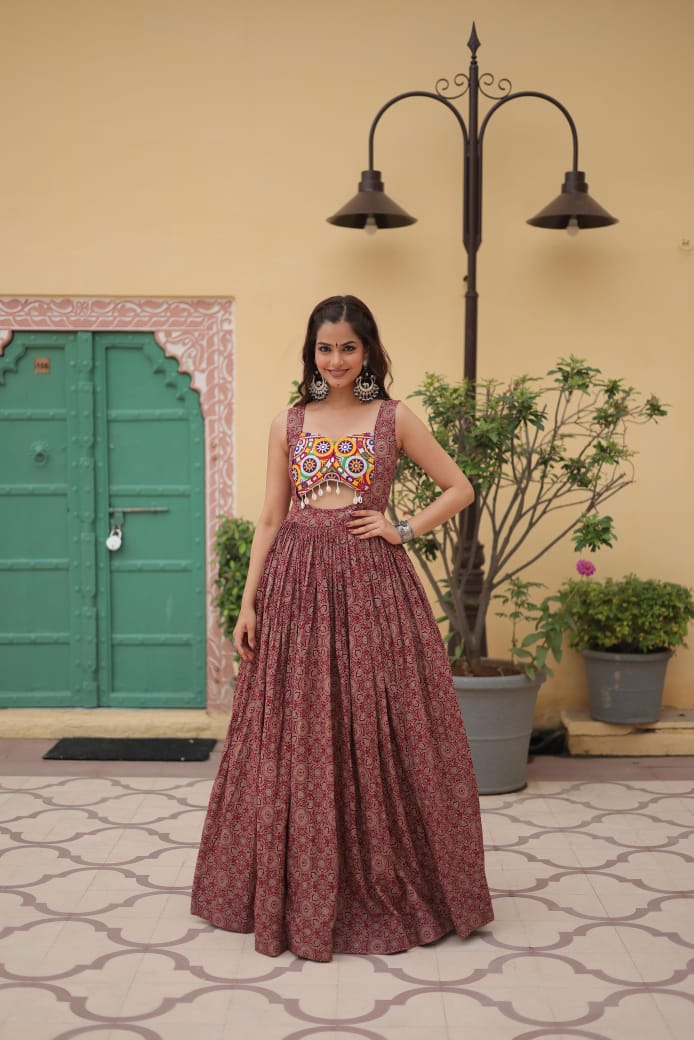 Designer Printed Cotton Gown with Kutchi Gamthi Lace & Kodi Work - Navratri Collection