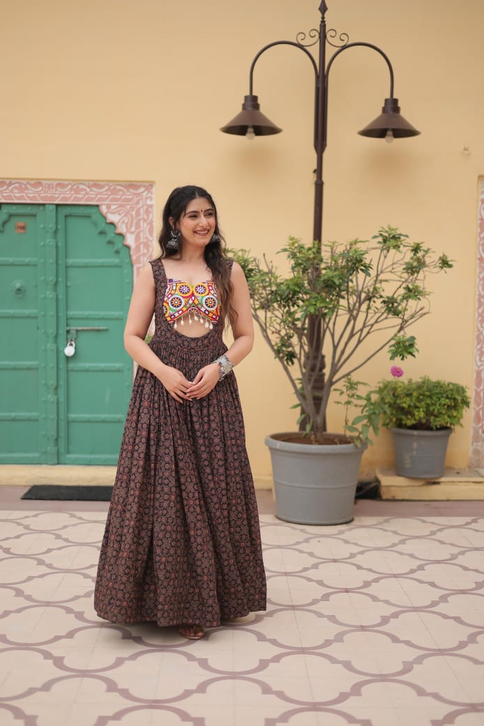 Designer Printed Cotton Gown with Kutchi Gamthi Lace & Kodi Work - Navratri Collection