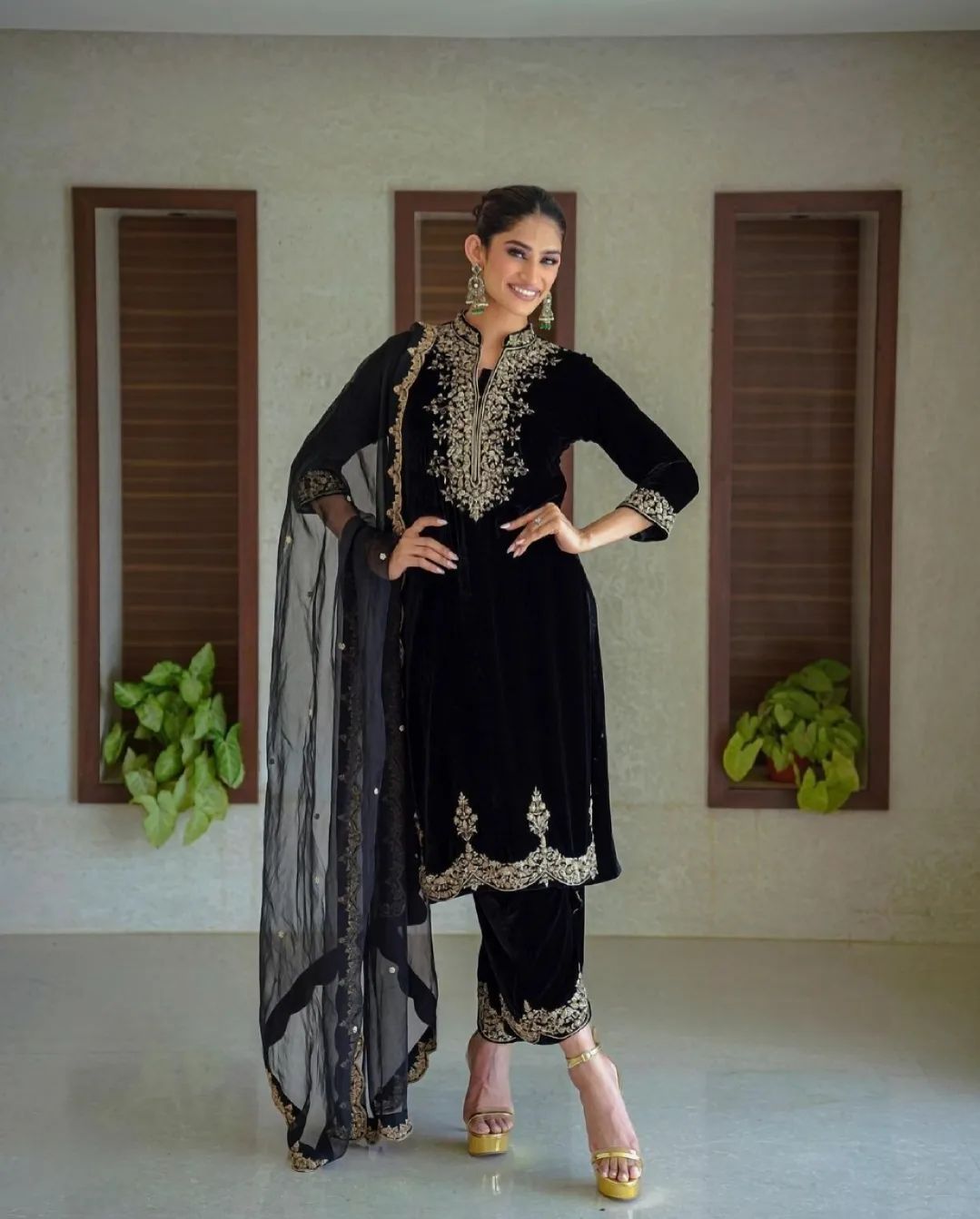 Designer Velvet Suit with Thread & Sequins Work | Soft Net Dupatta