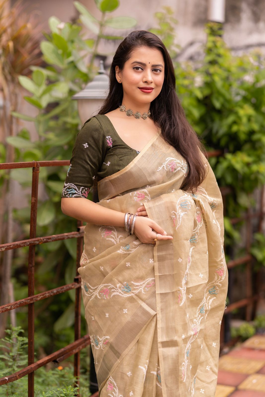 Pure Linen Saree with Silver Zari Border & Embroidered Phantom Silk Blouse