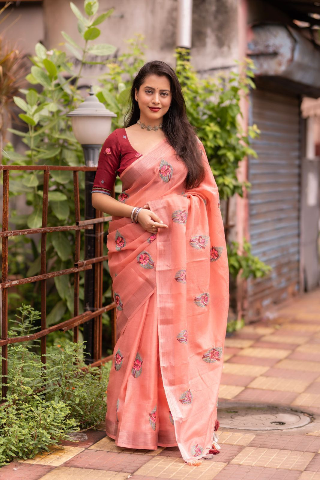 Pure Linen Saree with Silver Zari Border & Embroidered Phantom Silk Blouse