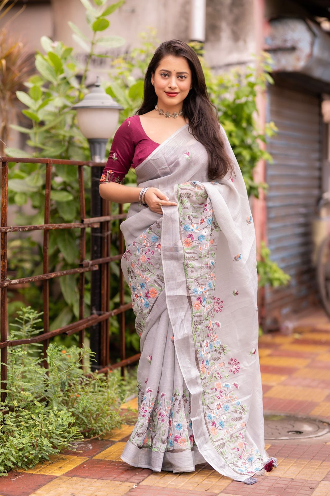 Pure Linen Saree with Silver Zari Border & Embroidered Phantom Silk Blouse