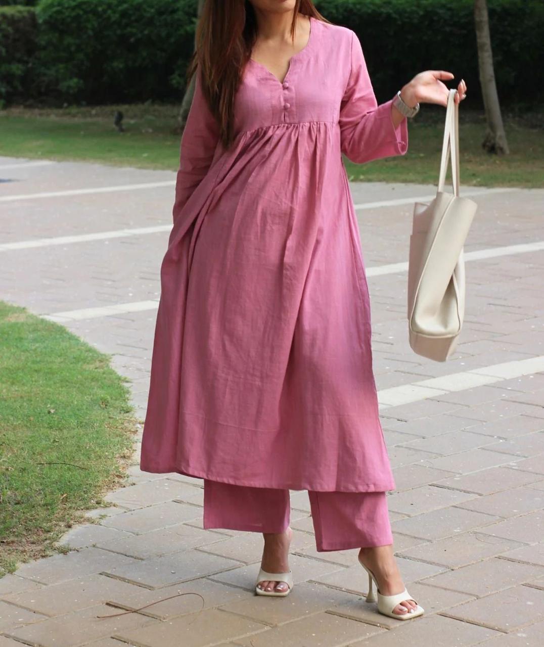 Cotton Slub Pleated Coord Set - Elegant A-Line Dress with Pants