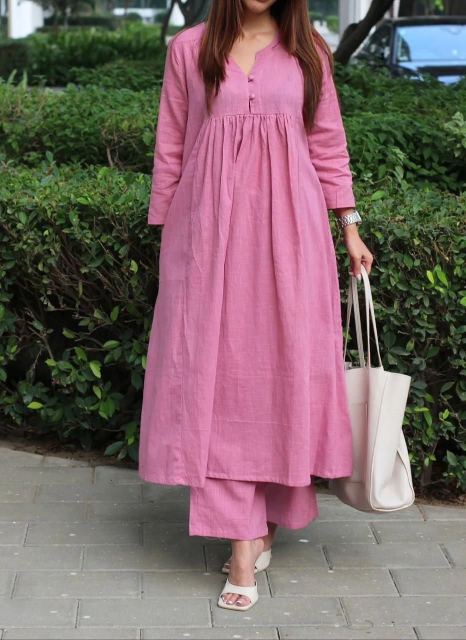 Cotton Slub Pleated Coord Set - Elegant A-Line Dress with Pants