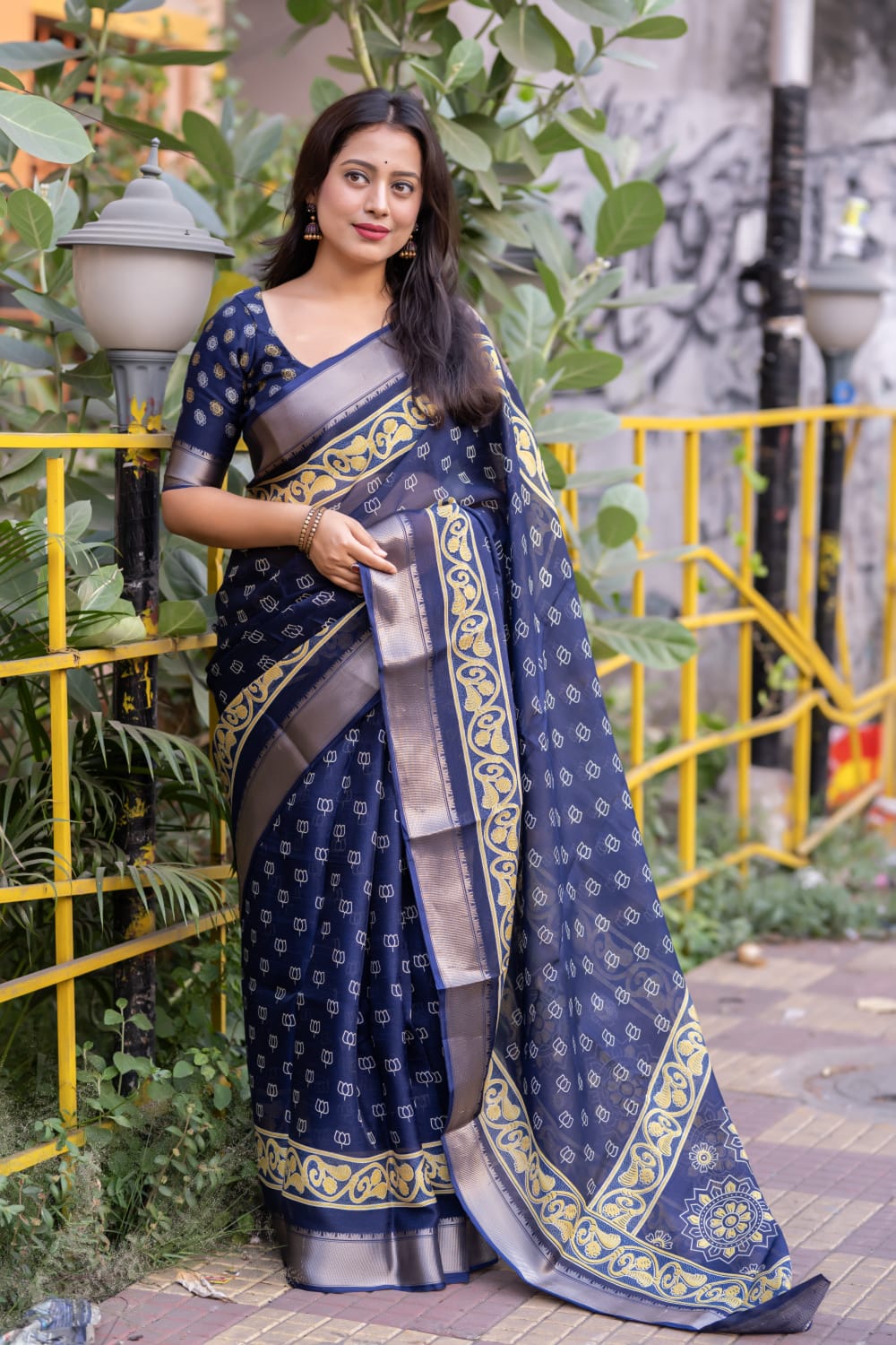 Soft Slub Cotton Saree in Trendy Ajrakh Prints with Zari Pattu Border