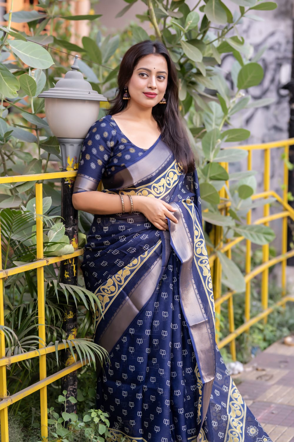 Soft Slub Cotton Saree in Trendy Ajrakh Prints with Zari Pattu Border