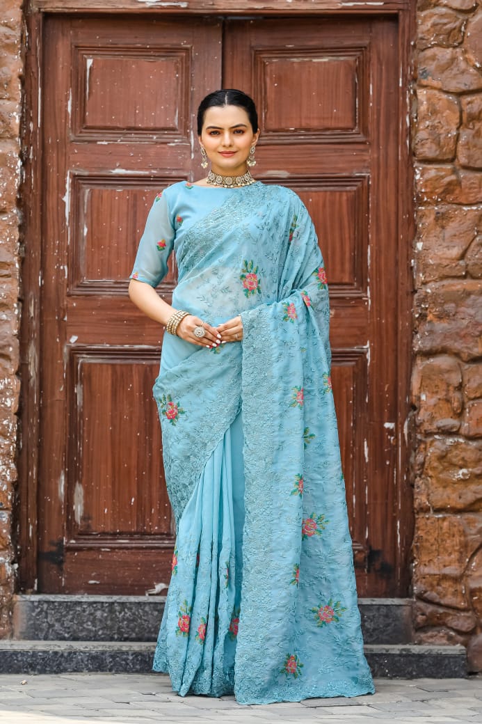 Pure Zari Chiffon Saree with Cross-Stitch Floral Embroidery and Matching Buttis Blouse