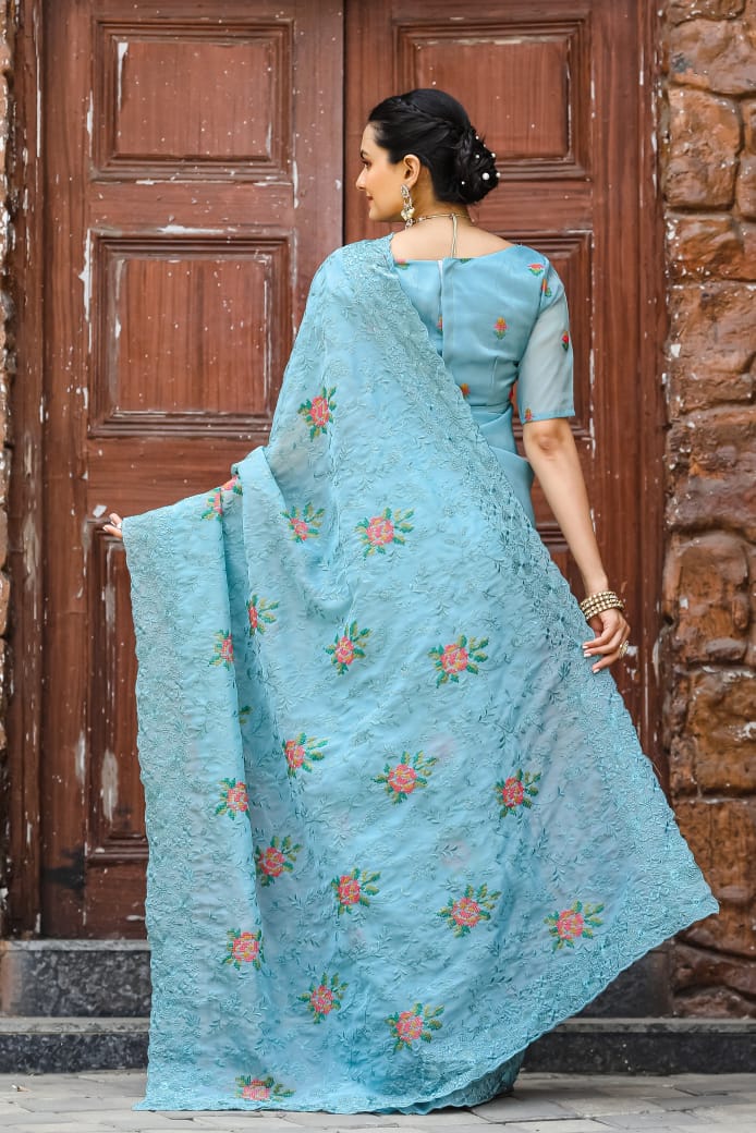 Pure Zari Chiffon Saree with Cross-Stitch Floral Embroidery and Matching Buttis Blouse